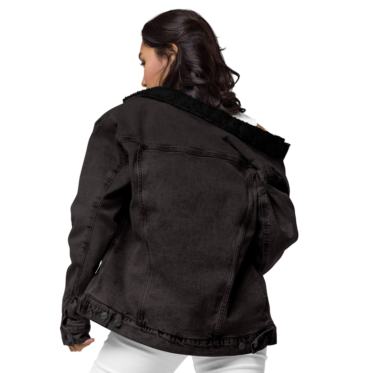 Unisex Denim Sherpa Jacket with White Embroidered Logo