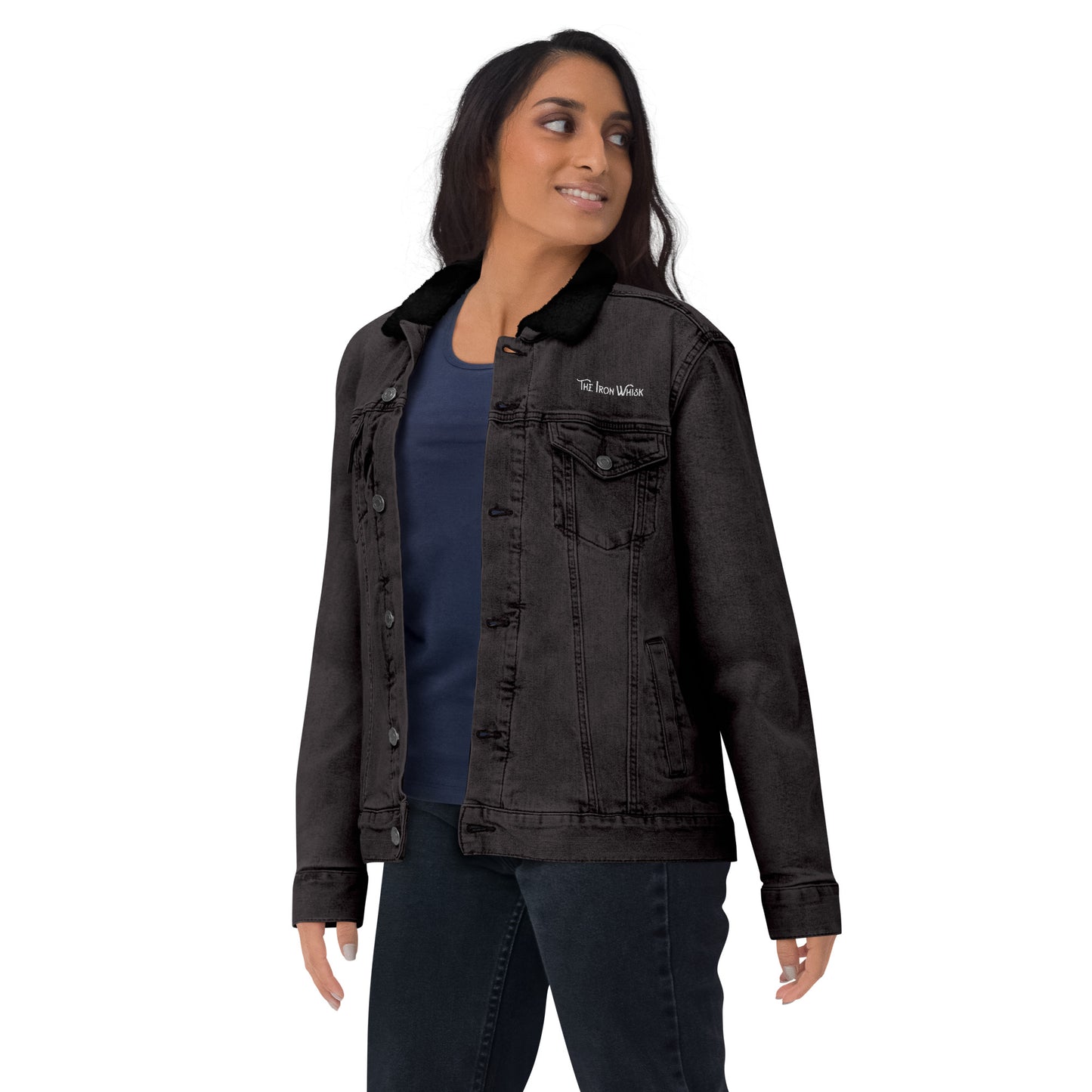 Unisex Denim Sherpa Jacket with White Embroidered Logo