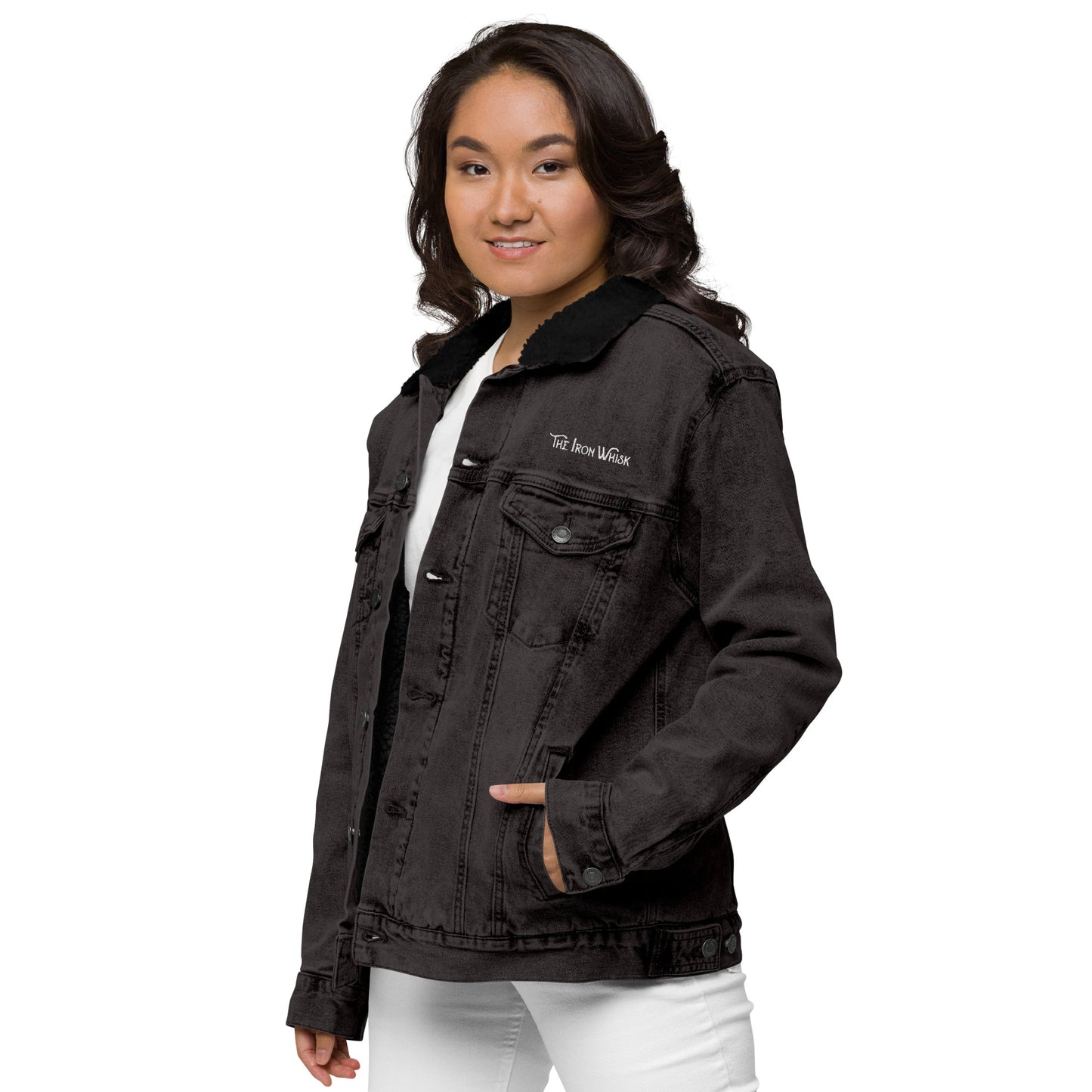 Unisex Denim Sherpa Jacket with White Embroidered Logo